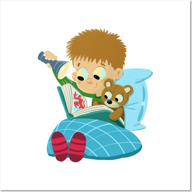 bedtime boy is reading a book with a teddy bear Wall Art by duxpavlic